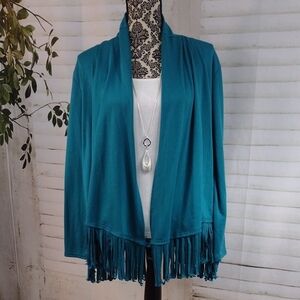 Ruby Rd. Teal Knit Fringe Cardigan Size M